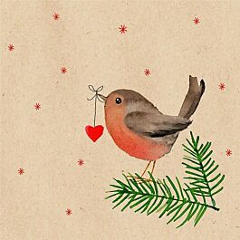 Weihnachtsserviette Vogel auf Tannenzweig mit Herz (20 Stück)