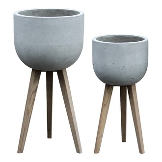 Jardinière en Béton Lumineuse/3 Pieds en Bois/Gris