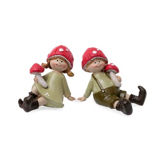 Resin Figur "Junge/Mädchen/Fliegenpilz" sitzend L=7,5 cm B=5 cm  H=6,5 cm sortiert rot-grün-braun 